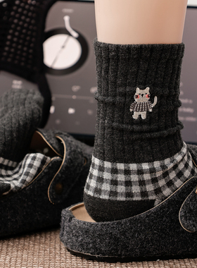 猫咪袜子日系格子卡通可爱韩版学院风中筒灰色复古文艺2025年秋季