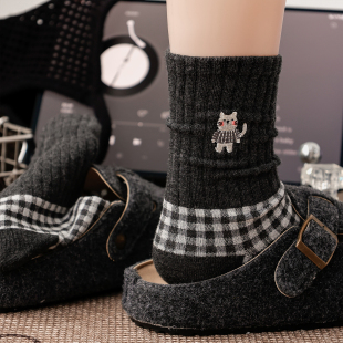 猫咪袜子日系格子卡通可爱韩版 学院风中筒灰色复古文艺2025年秋季