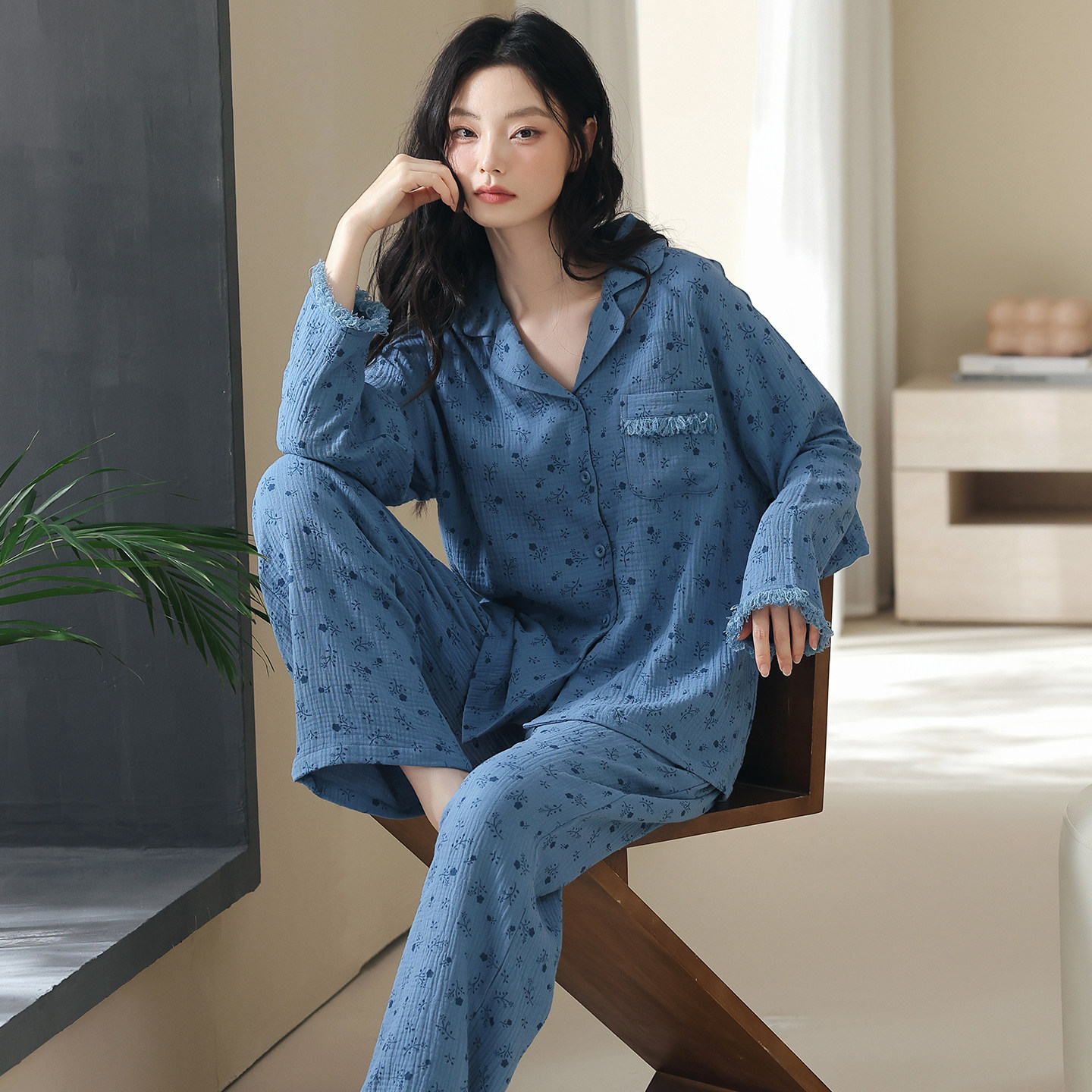 安舒媛夏季亚麻纯棉长袖碎花睡衣套装秋季新款双层棉纱家居服春秋
