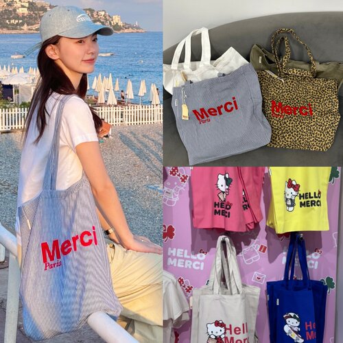 法国新款Kitty x Merci 帆布包女托特包手提斜挎手提包购物环保袋