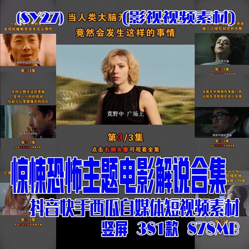 (SY27) 惊悚恐怖主题电影解说素材成品影视素材 竖屏 381款 878MB