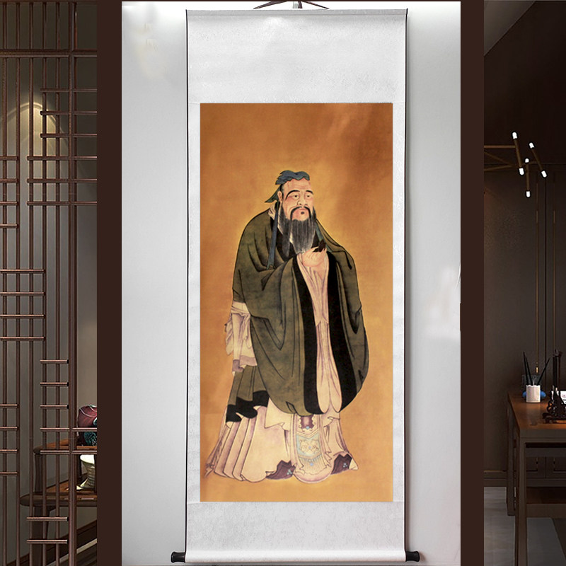 孔子像挂画字画中堂教室国学班挂图仿古画国画装饰画