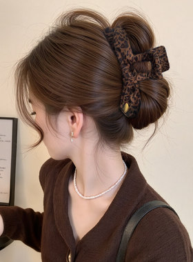 韩系高级感豹纹慵懒盘发抓夹女后脑勺发量多大号鲨鱼夹发饰发夹