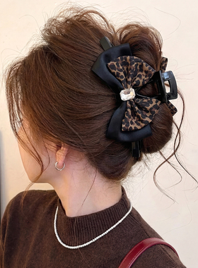 新款Ins黑色豹纹蝴蝶结抓夹女高端后脑勺盘发鲨鱼夹发卡发抓发饰