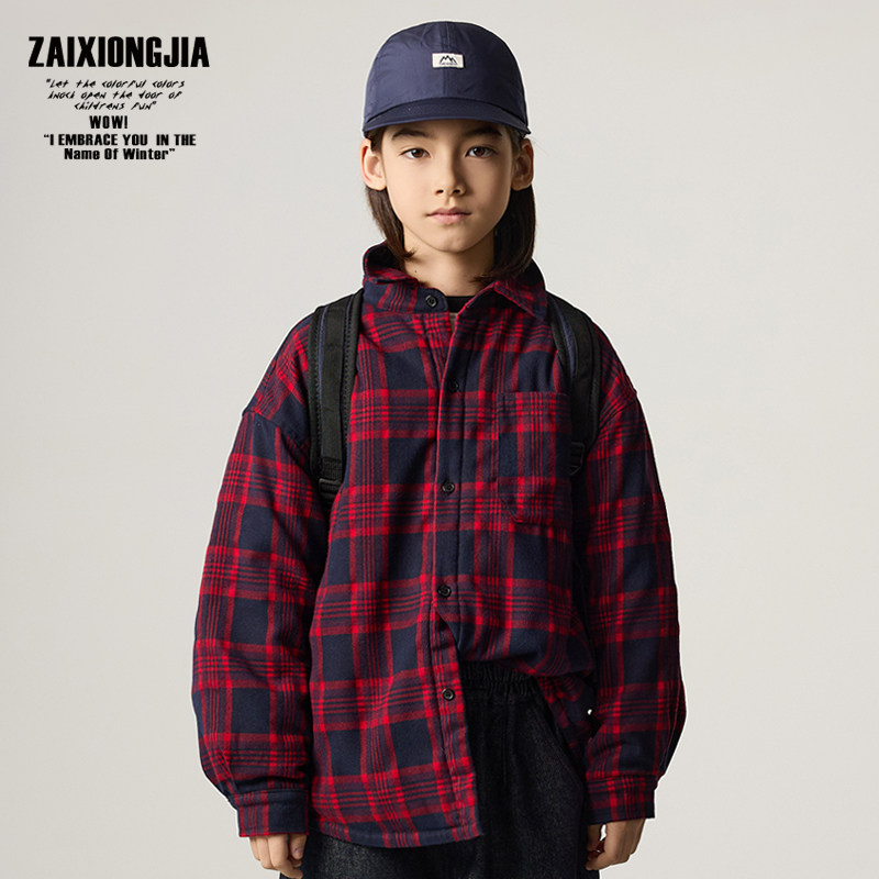 ZAIXIONGJIA◆夹棉加厚红色格子衬衫儿童外套秋冬打底衫宽松面,童装/婴儿装/亲子装,普通外套,淘宝优惠券,粉丝福利购,淘宝优惠卷