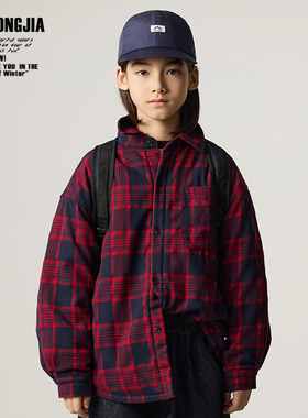 ZAIXIONGJIA◆夹棉加厚红色格子衬衫儿童外套秋冬打底衫宽松面