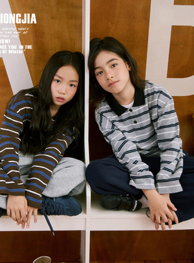 简约两色条纹长袖polo衫儿童上衣春秋新宽松男女童装百搭棉卫衣