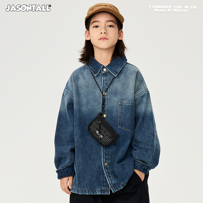 ZAIXONGJIA◆蓝色渐变加绒牛仔衬衫上衣打底衫男女童装外套秋冬