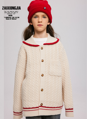 ZAIXONGJIA◆学院风白色红边翻领毛衣开衫秋冬女童童装软圣诞款