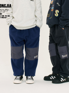 两色摇粒绒儿童束脚长裤裤子松紧腰幼儿园裤男女童装宽松百搭秋冬