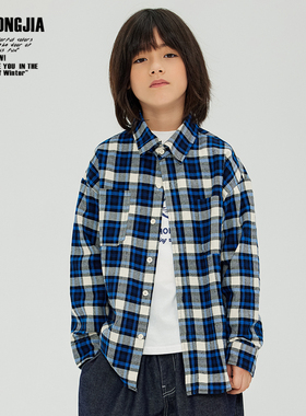 ZAIXIONGJIA◆休闲蓝色大格子长袖衬衫上衣打底衫外套童装春秋新