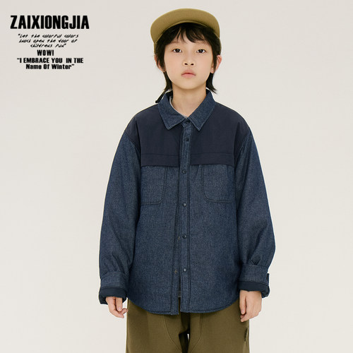 夹棉加厚秋冬牛仔外套拼接面料男女童装儿童外套单排扣童装洋气