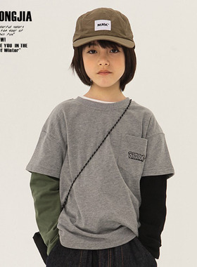 ZAIXONGJIA◆灰色拼接袖撞色套头T恤上衣打底衫男女童装春秋新棉