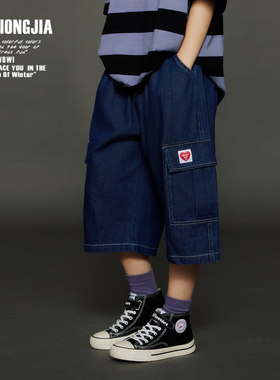 蓝色牛仔工装短裤侧口袋小标装饰松紧腰儿童裤子宽松夏季休闲软