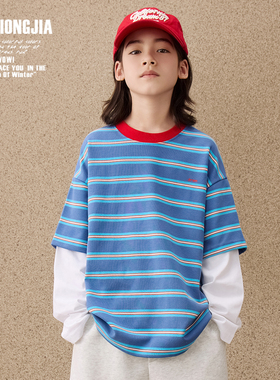 ZAIXIONGJIA◆蓝色条纹假两件T恤卫衣儿童上衣打底衫春秋新宽松