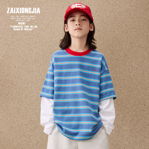 ZAIXIONGJIA◆蓝色条纹假两件T恤卫衣儿童上衣打底衫春秋新宽松