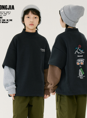 黑色撞色袖加绒加绒半高领卫衣儿童上衣基础打底衫男女童装宽松