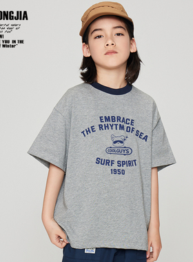 ZAIXIONGJIA◆灰色贴布短袖T恤上衣儿童童装圆领棉宽松夏新打底衫