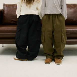 两色加绒加厚休闲工装长裤儿童裤子男女童装松紧腰百搭冬新棉户外