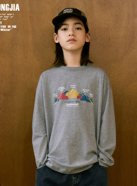 灰色户外露营山系儿童长袖T恤上衣基础打底衫男女童装圆领休闲