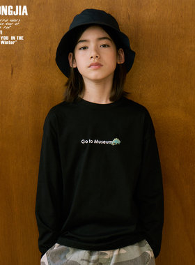 黑色户外露营风长袖T恤儿童上衣基础打底衫卡通印花男女童装棉