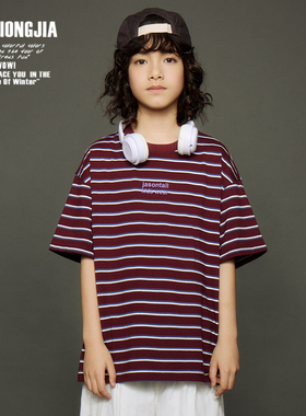 夏季红色条纹短袖T恤儿童上衣打底衫宽松童装棉休闲装童装棉圆领