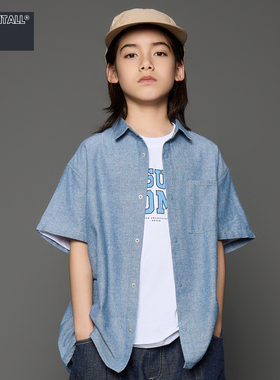 蓝色亚麻短袖翻领衬衫儿童夏季上衣外套宽松简约纯色舒适透气童装