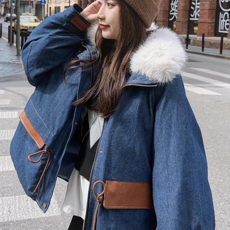 美式复古牛仔派克棉服女冬超火好看加绒加厚工装羽绒棉衣棉袄外套,女装棉衣/棉服,2C270