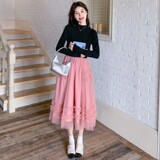 2C270-967-P125-K188淑女风蕾丝撞色长袖连衣裙，女装连衣裙，2C270
