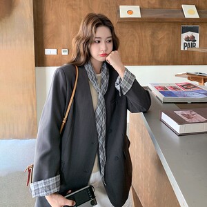 2C270-2865-P145-K218 袖口拼接格子韩版西装 配丝巾图片