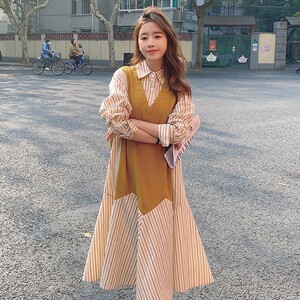 2C270-803-P115-K168 春款长袖假两件撞色条纹连衣裙图片