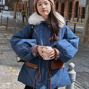 美式复古牛仔派克棉服女冬超火好看加绒加厚工装羽绒棉衣棉袄外套图片