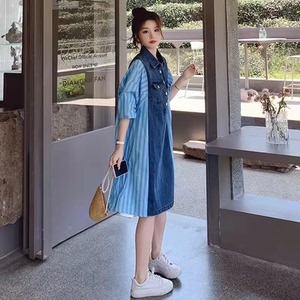 C270-830-P110-K168 夏款牛仔拼接条纹连衣裙 现货图片