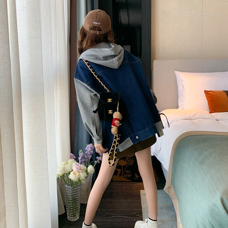 2C270-911-P145-K198牛仔拼接卫衣带帽夹克外套,女装派克服,2C270
