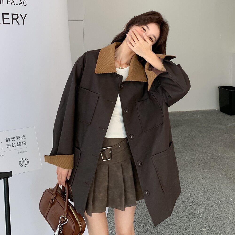C270-2765-P175-K258春款灯芯绒拼接蜡感皮衣外套,女装风衣,2C270