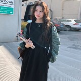 2C270-965-P125-K188长袖圆领休闲风拼接收腰长款连衣裙，女装连衣裙，2C270