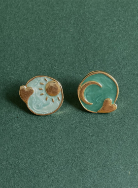 复古蓝色系小众星月vintage耳钉