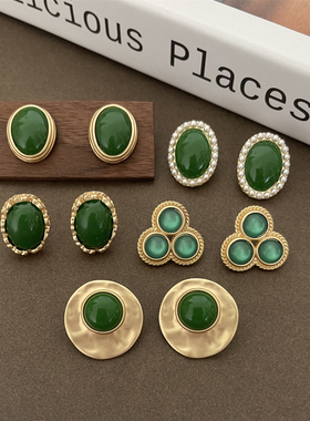 包邮 复古vintae祖母绿色耳钉年代宫廷风耳环气质无耳洞耳夹女