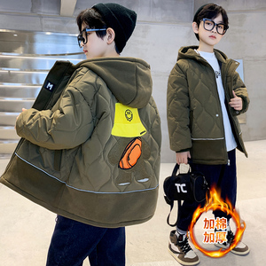 男童洋气时尚绗线拼接棉衣棉服冬装中大儿童加厚保暖带帽棉袄风衣