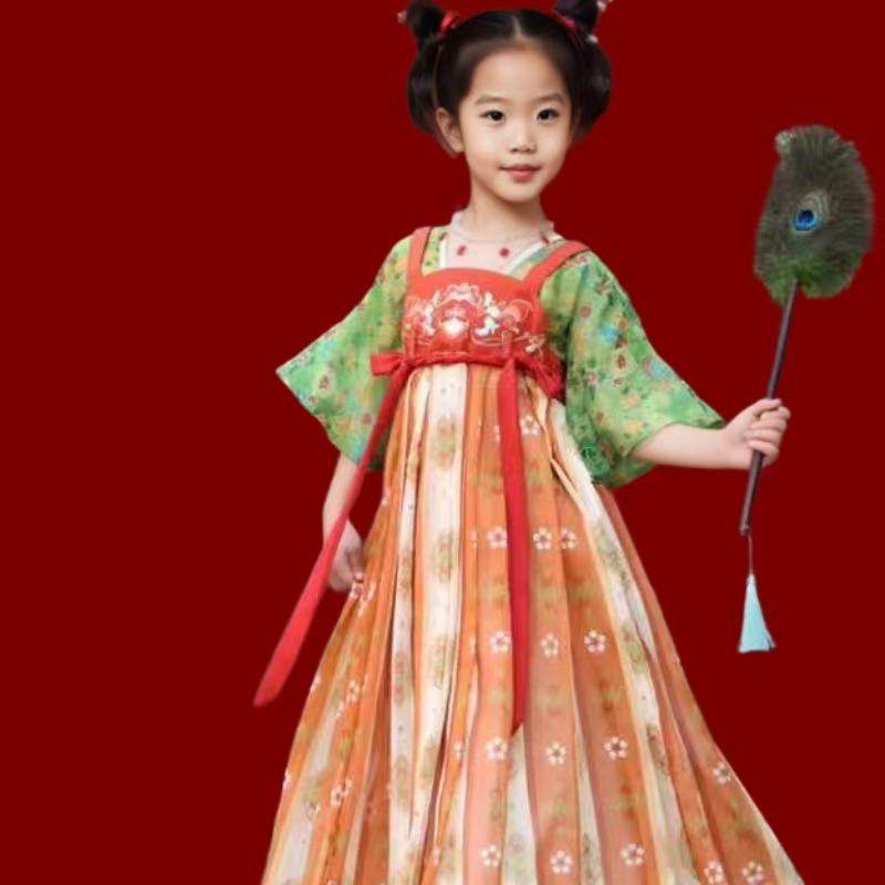 汉服古典唐宫夜宴演出服襦裙中国风唐三彩古装超仙儿童敦煌表演服