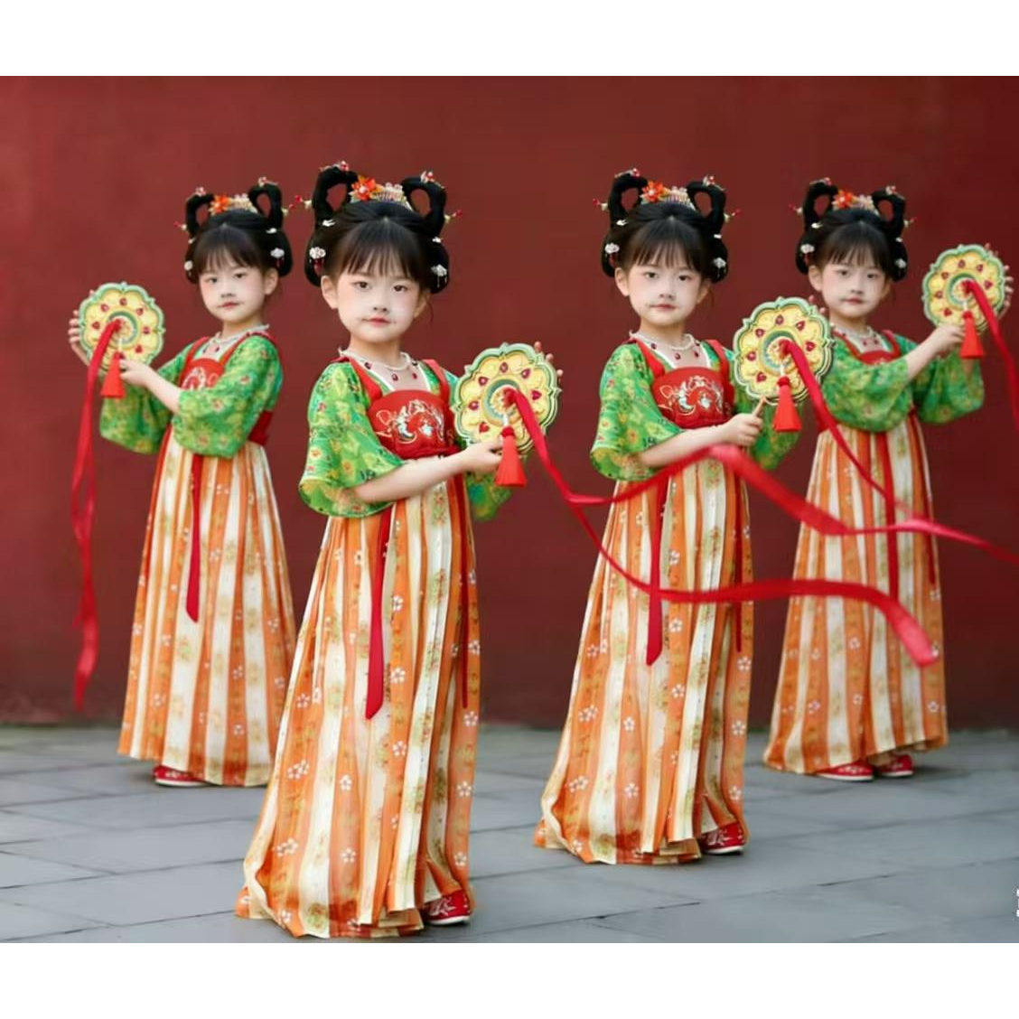 汉服古典唐宫夜宴演出服襦裙中国风唐三彩古装超仙儿童敦煌表演服