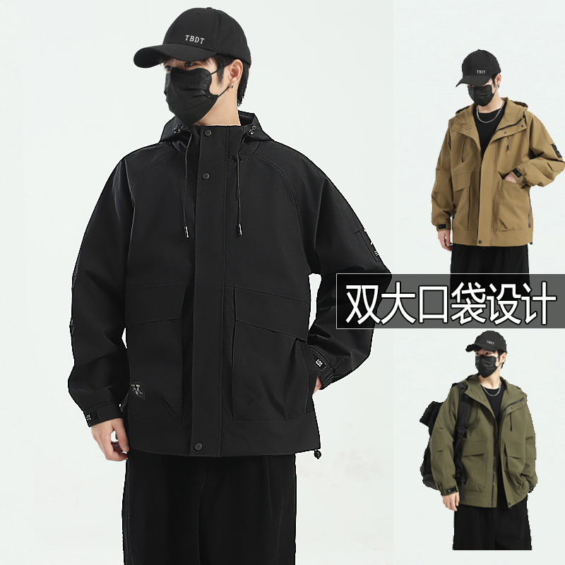 胖子外套男春秋季2025新款户外工装连帽夹克潮加大码宽松休闲褂子