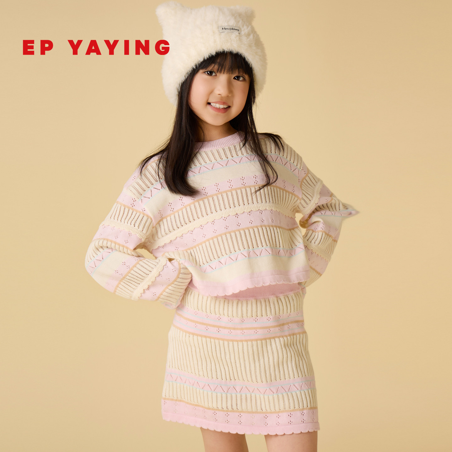 【商场同款】EP雅莹童装2026春女童新款彩色条纹镂空针织衫套头衫