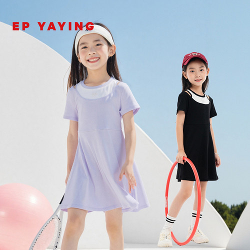女童新款撞色假两件运动款拼接连衣裙