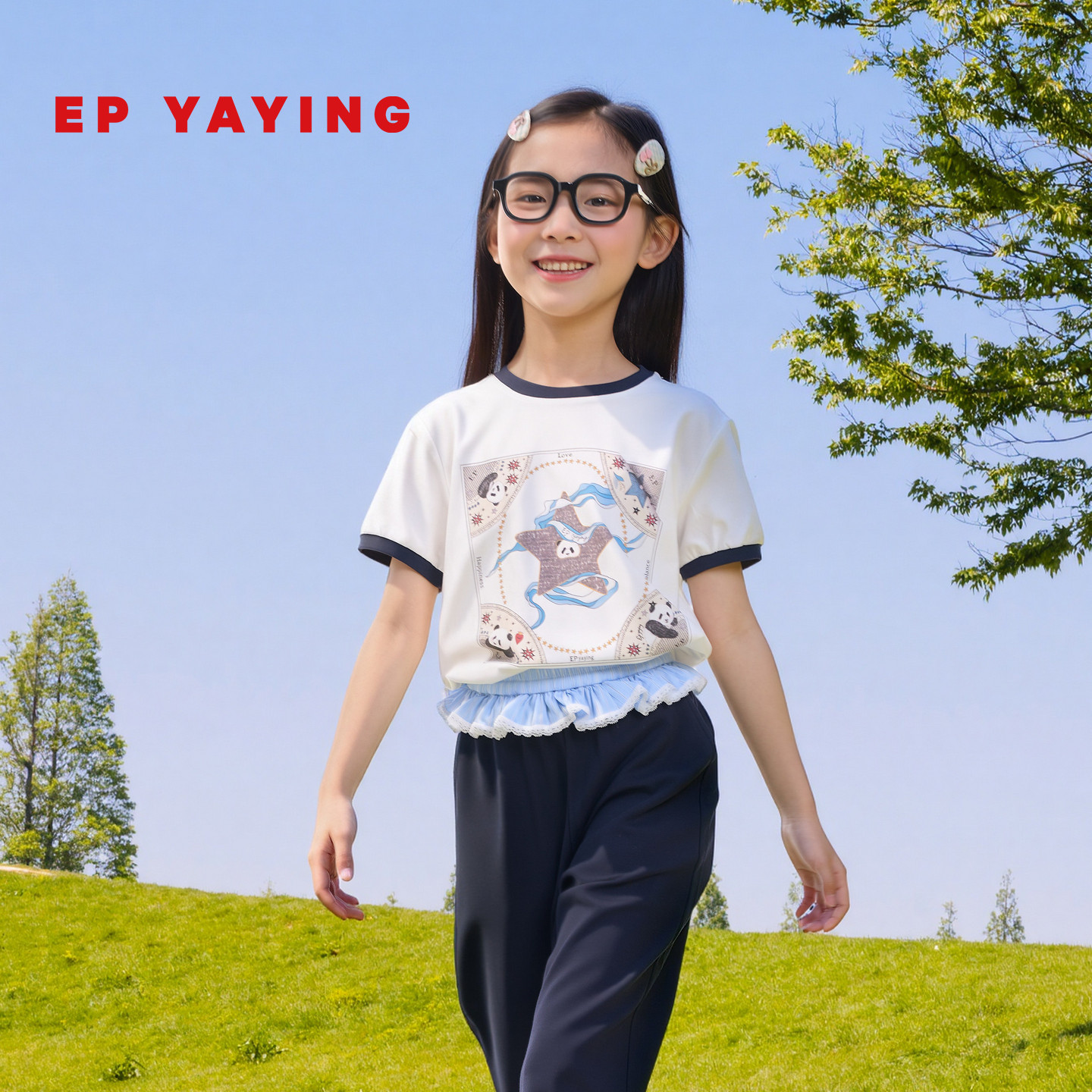 [商场同款]EP雅莹童装春夏女童新款洋气时尚撞色印花宽松T恤N图片