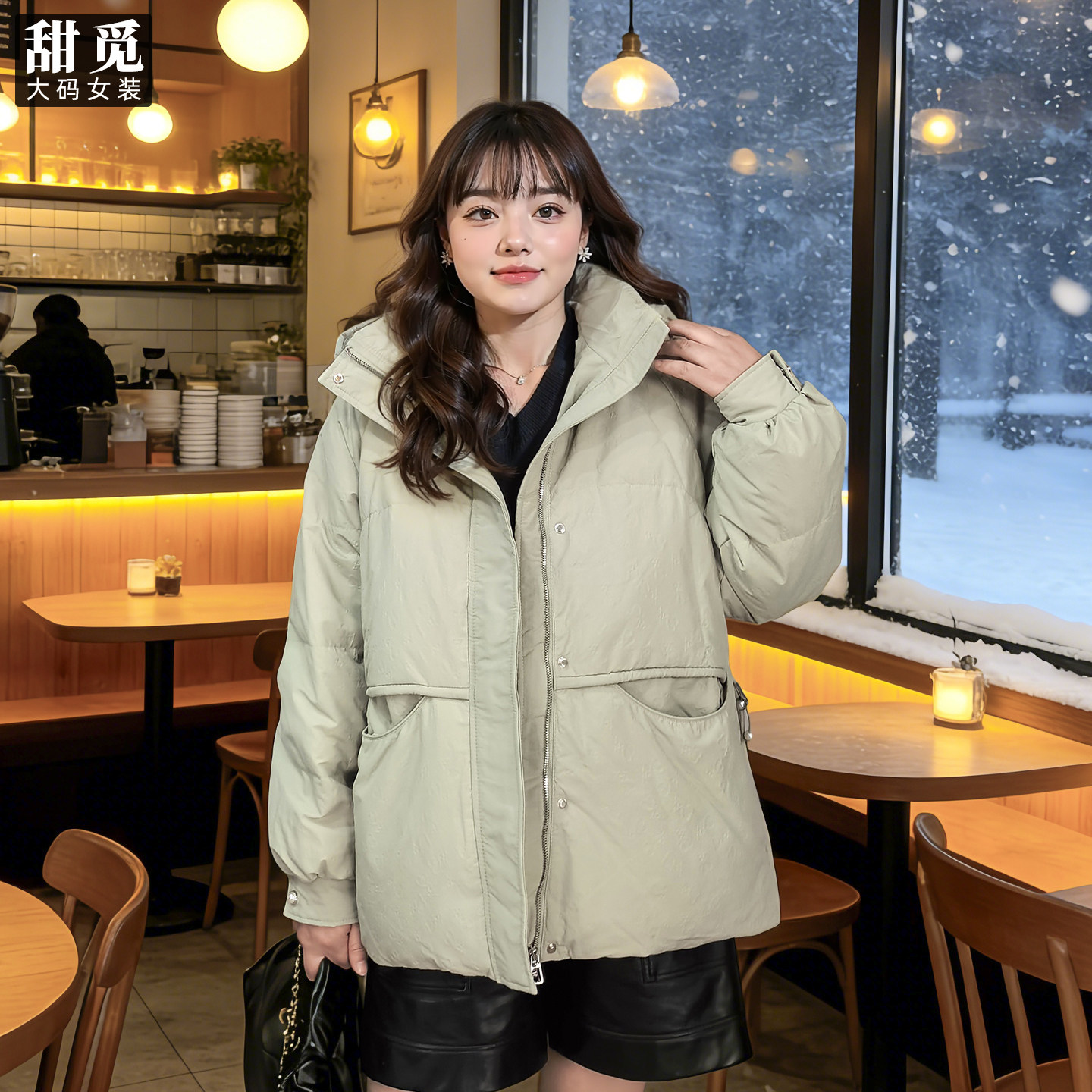 甜觅特大码女装冬装胖mm270斤时尚90白鸭绒中长款连帽保暖羽绒服