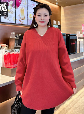 甜觅特大码女装2023冬装胖mm300斤时尚洋气V领中长款宽松毛衣DF