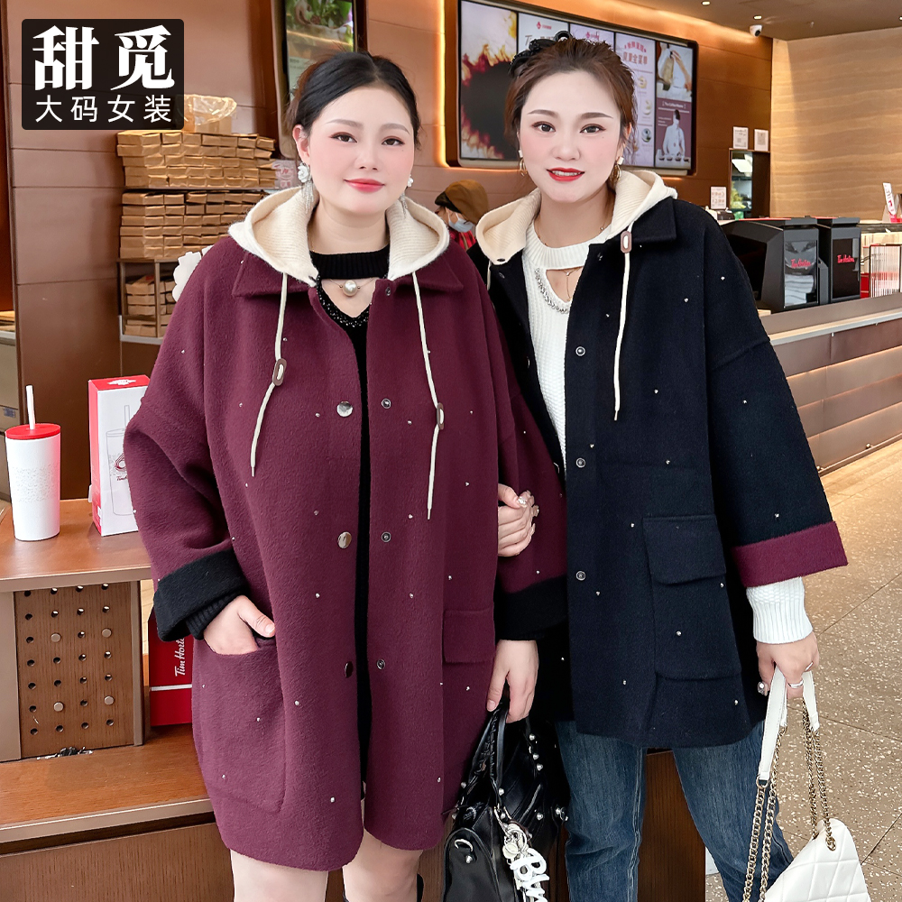甜觅大码女装2024胖mm冬装300斤高档韩国绒中长款连帽双面呢大衣