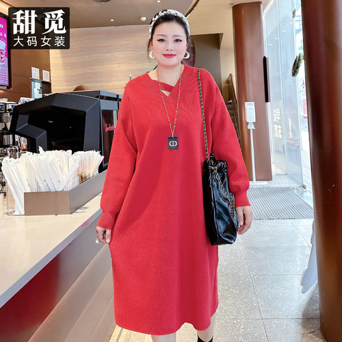 甜觅大码女装2023冬装胖mm300斤时尚洋气V领宽松毛衣连衣裙DF