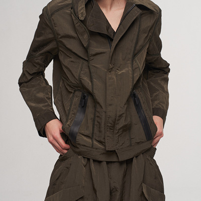 「 凌鸦ILNya 」差池_棕绿 切割冲锋衣 轻薄金属感薄款夹克双面穿